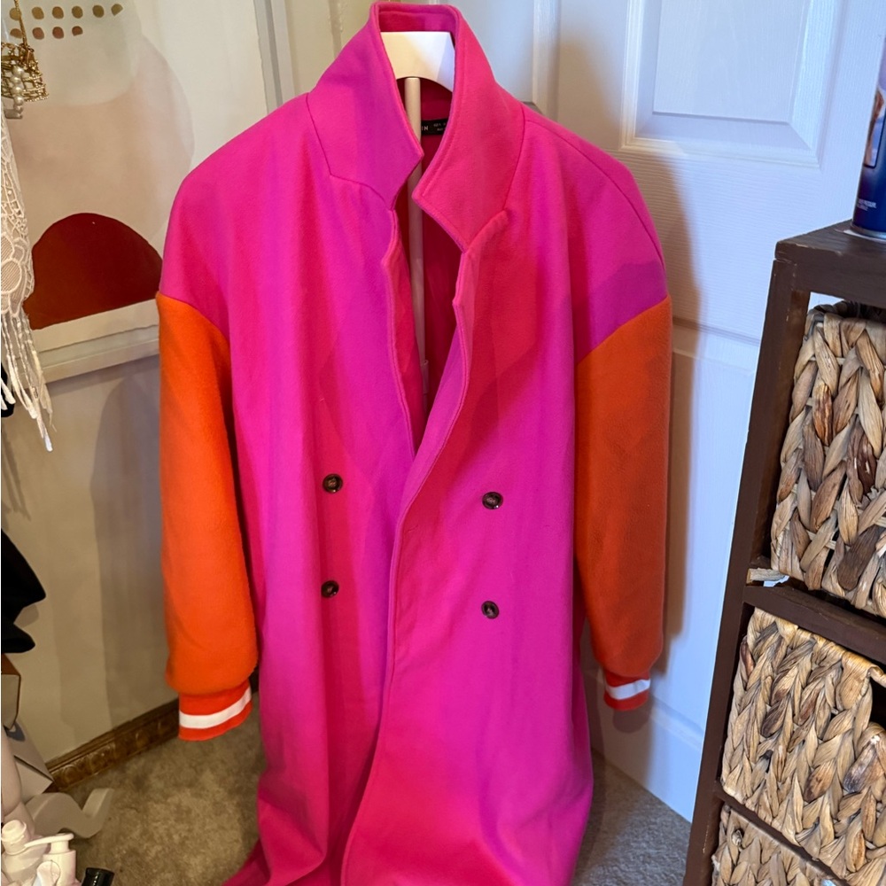 Bright Pink and Orange Colorblock Oversized Coat